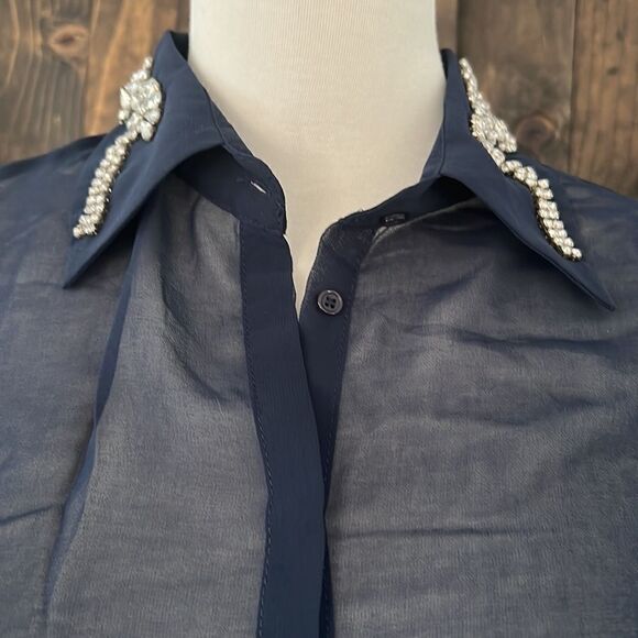 NWT Costa Blanca navy Blue sheer rhinestone collar top Sz-Small - Picture 2 of 13